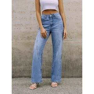 Commense Trendy High-Waisted Wide‎ Leg Jeans Light Blue Denim Y2K Retro Style XS